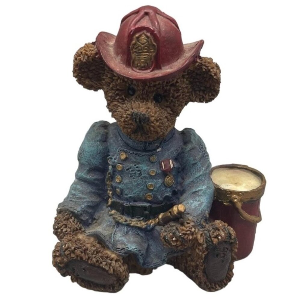 K's collection figurine bear fireman bucket hat blue brown red 5x3.5" READ
